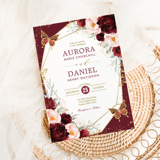 ブルゴーニュ赤面フローラバタフライジオメトリック結婚ス 招待状