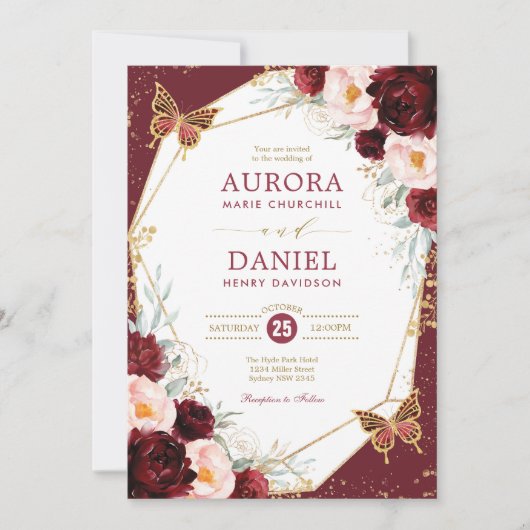 ブルゴーニュ赤面フローラバタフライジオメトリック結婚ス 招待状 (正面)