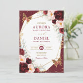 ブルゴーニュ赤面フローラバタフライジオメトリック結婚ス 招待状 (スタンド正面)
