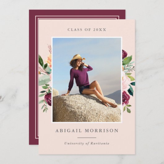 ブルゴーニュ赤面フローラフォト卒業パーティー 招待状 (正面/裏面)