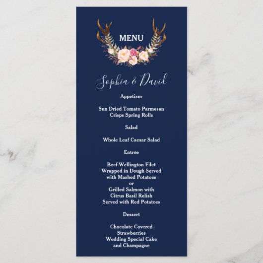 ブルゴーニュ赤面フローラフレームダークブルー結婚ズ メニュー (正面)
