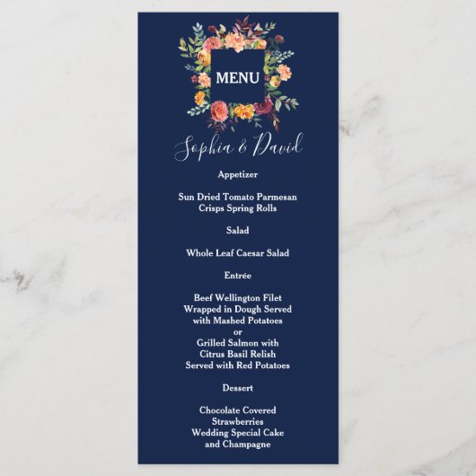 ブルゴーニュ赤面フローラフレームダークブルー結婚ズ メニュー (正面)