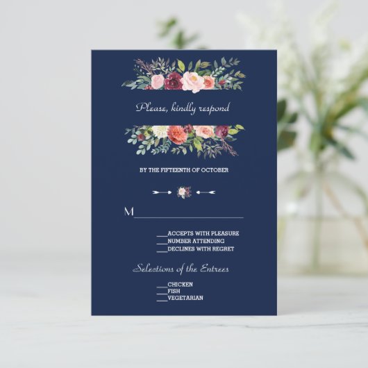 ブルゴーニュ赤面フローラフレームダークブルー結婚ズ 出欠カード (スタンド正面)