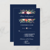 ブルゴーニュ赤面フローラフレームダークブルー結婚ズ 出欠カード (正面/裏面)