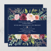 ブルゴーニュ赤面フローラフレームダークブルー結婚ズ 招待状 (正面/裏面)
