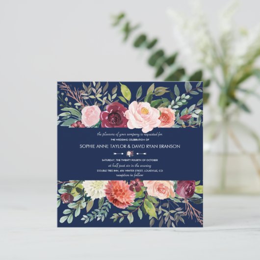 ブルゴーニュ赤面フローラフレームダークブルー結婚ズ 招待状 (スタンド正面)