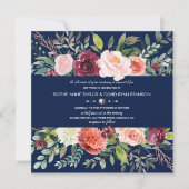 ブルゴーニュ赤面フローラフレームダークブルー結婚ズ 招待状 (正面)