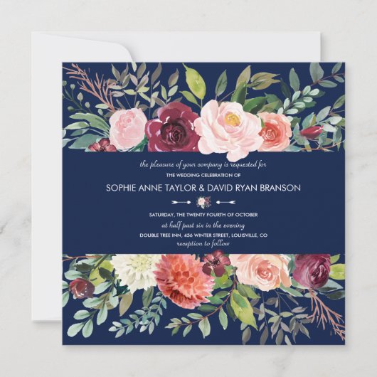 ブルゴーニュ赤面フローラフレームダークブルー結婚ズ 招待状 (正面)