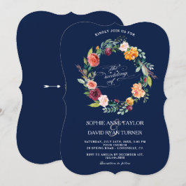 ブルゴーニュ赤面フローラフレームダークブルー結婚ズ 招待状