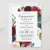 ブルゴーニュ赤面フローラブルー金ゴールド婚約パーティ 招待状 (正面)