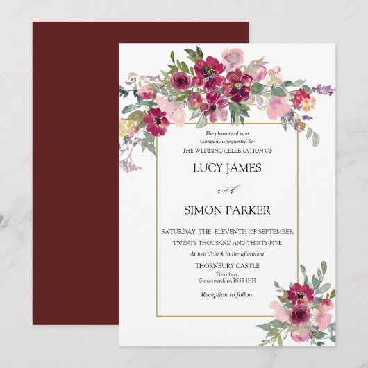 ブルゴーニュ赤面フローラブーケと金ゴールドフレーム 招待状 (正面/裏面)