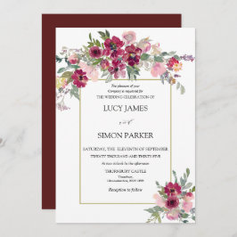 ブルゴーニュ赤面フローラブーケと金ゴールドフレーム 招待状