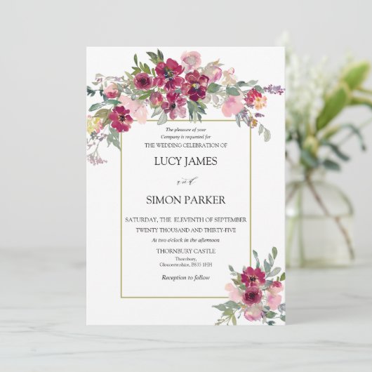 ブルゴーニュ赤面フローラブーケと金ゴールドフレーム 招待状 (スタンド正面)