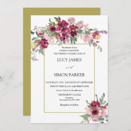 ブルゴーニュ赤面フローラブーケと金ゴールドフレーム 招待状