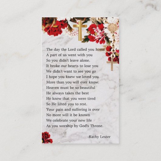 ブルゴーニュ赤面フローラメモリアル祈りの言葉フォトカード 名刺 (裏面)