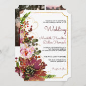 ブルゴーニュ赤面フローラモダン金ゴールド結婚ズ 招待状 (正面/裏面)