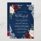 ブルゴーニュ赤面フローラレースネイビーブルー結婚ズ 招待状 (正面/裏面)