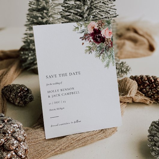 ブルゴーニュ赤面フローラ冬の結婚式の日付を保存 招待状