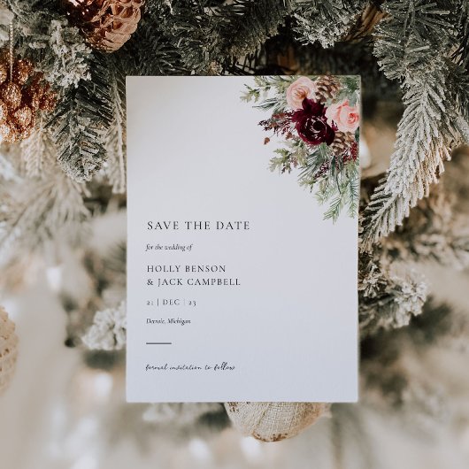 ブルゴーニュ赤面フローラ冬の結婚式の日付を保存 招待状