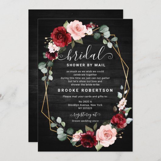 ブルゴーニュ赤面フローラ幾何学ブライダルシャワー 招待状 (正面/裏面)