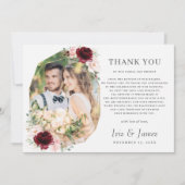 ブルゴーニュ赤面フローラ幾何学的結婚写真 サンキューカード (正面)