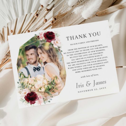 ブルゴーニュ赤面フローラ幾何学的結婚写真 サンキューカード