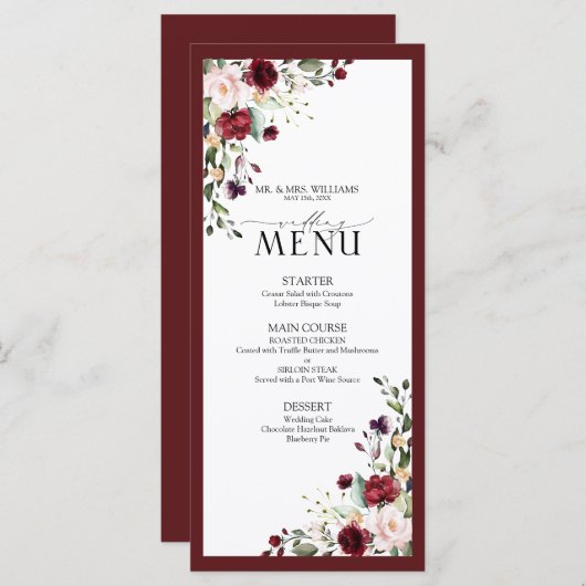 ブルゴーニュ赤面フローラ水の色の結婚スクリプト メニュー (正面/裏面)