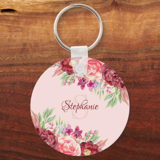 ブルゴーニュ赤面フローラ水彩モノグラム名 キーホルダー (正面)