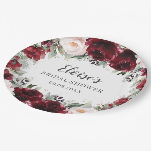 ブルゴーニュ赤面フローラ結婚ズブライダルベビーシャワー ペーパープレート (アングル)