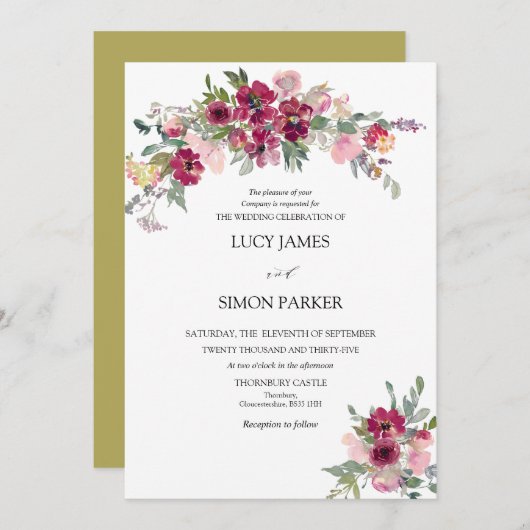 ブルゴーニュ赤面フローラ結婚ブーケ 招待状 (正面/裏面)