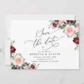 ブルゴーニュ赤面フローラ結婚式の日付を保存 招待状 (正面)