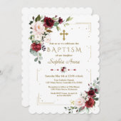 ブルゴーニュ赤面フローラ金ゴールドグリッターフレームバプテスマ 招待状 (正面/裏面)