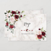 ブルゴーニュ赤面フローラ金ゴールドグリッターマーブル結婚ズ 出欠カード (正面/裏面)