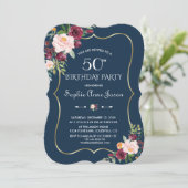 ブルゴーニュ赤面フローラ金ゴールドネイビーブルー50誕生日 招待状 (スタンド正面)