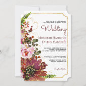 ブルゴーニュ赤面フローラ金ゴールド写真結婚Boho's 招待状 (正面)