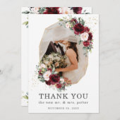 ブルゴーニュ赤面フローラ金ゴールド幾何学的結婚写真 サンキューカード (正面/裏面)