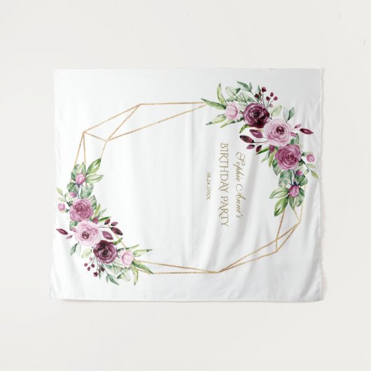 ブルゴーニュ赤面フローラ金ゴールド誕生日フォトプロップ タペストリー (正面(横))