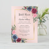 ブルゴーニュ赤面ブルーエレガントフローラブライダルシャワー 招待状 (スタンド正面)