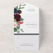 ブルゴーニュ赤面ブルーグリーン水彩フローラ オールインワン招待状 (外側)