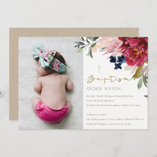 ブルゴーニュ赤面ブルーフローラフォトバプテスマ招待状 サンキューカード (正面/裏面)