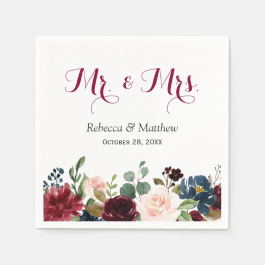 ブルゴーニュ赤面ブルーフローラミセス結婚ズ スタンダードカクテルナプキン (正面)