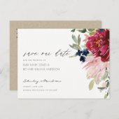 ブルゴーニュ赤面ブルーフローラ結婚式の日付を保存 ポストカード (正面/裏面)