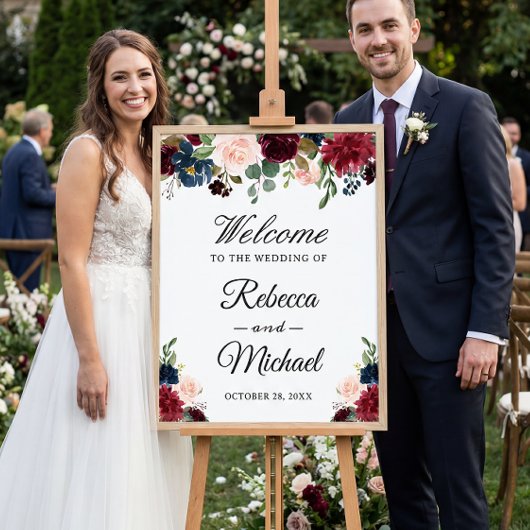 ブルゴーニュ赤面ブルー結婚フローラのウェルカムサイン ポスター