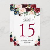 ブルゴーニュ赤面ブルー結婚フローラのテーブル番号 出欠カード (正面/裏面)