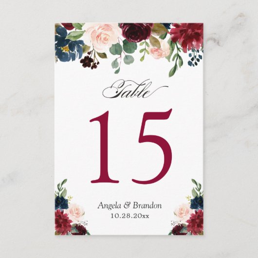 ブルゴーニュ赤面ブルー結婚フローラのテーブル番号 出欠カード (正面)