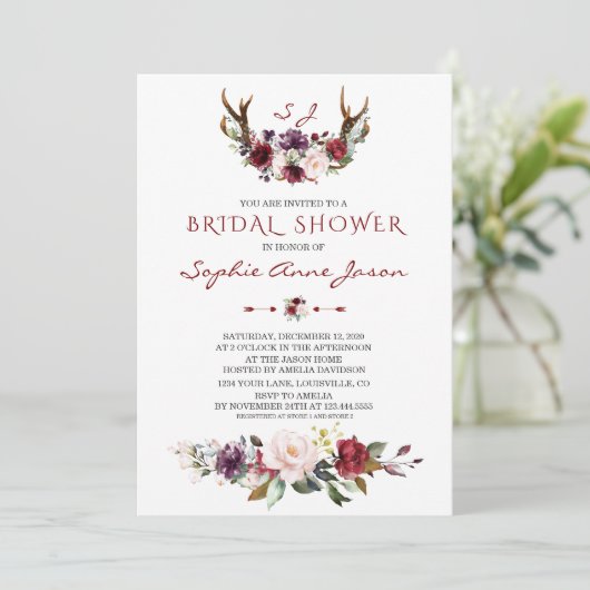 ブルゴーニュ赤面プラムフローラ〔雄ジカの〕枝角ブライダルシャワー 招待状 (スタンド正面)