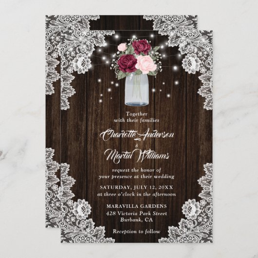 ブルゴーニュ赤面メイスンジャールレース結婚フローラ 招待状 (正面/裏面)