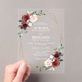 ブルゴーニュ赤面モダンフローラ幾何結婚の アクリル招待状 (インサイチュ (ポータブル))