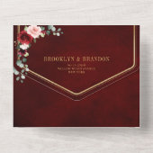 ブルゴーニュ赤面モダンフローラ幾何結婚の オールインワン招待状 (裏面)