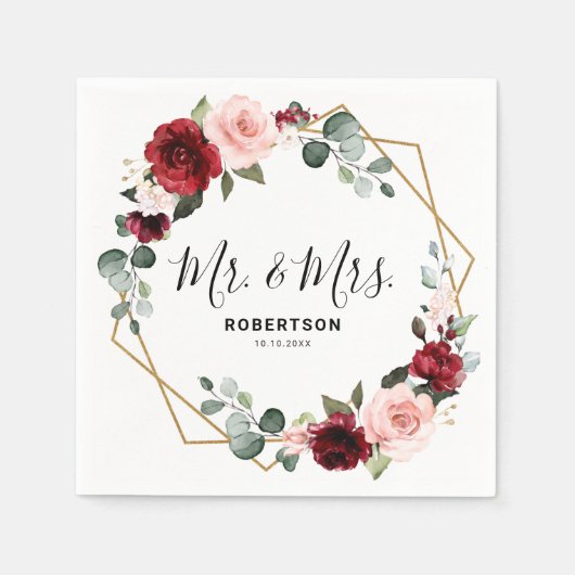 ブルゴーニュ赤面モダンフローラ幾何結婚の スタンダードカクテルナプキン (正面)